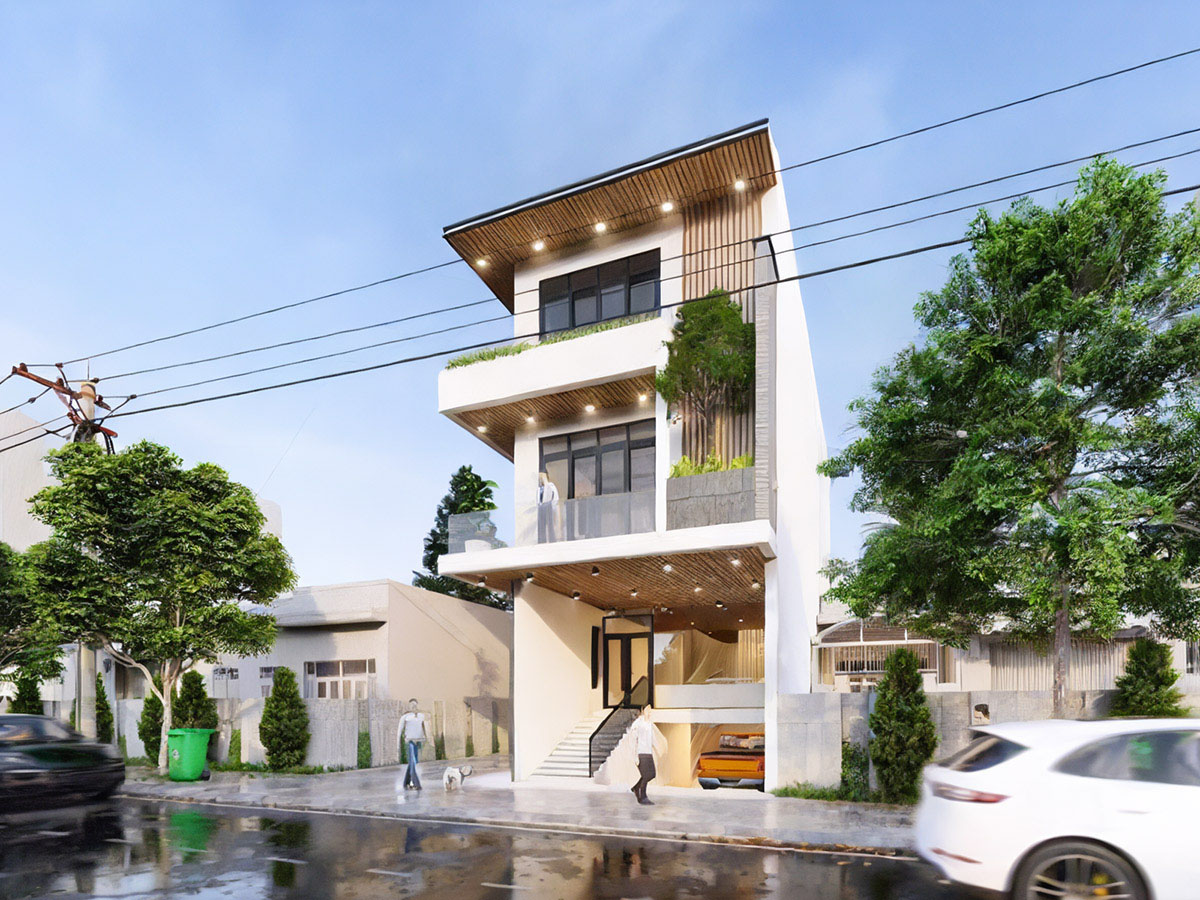 Mẫu nhà có gara ô tô với một tầng hầm đi sâu xuống