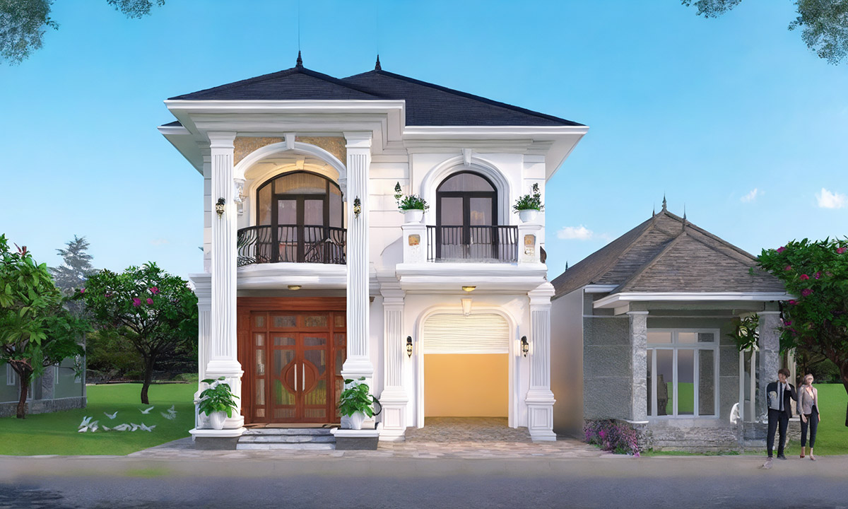 Mẫu nhà 2 tầng có gara ô tô với tông màu trắng nhẹ nhàng, tinh tế