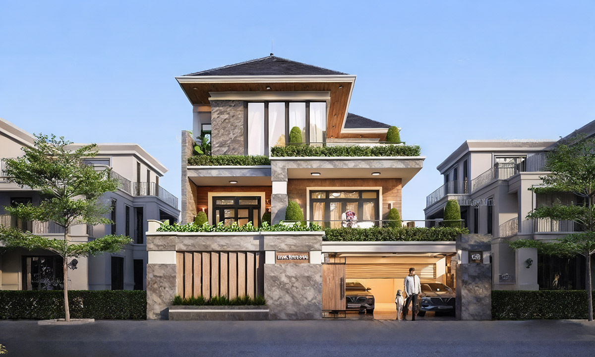 Mẫu nhà 3 tầng có gara ô tô phù hợp với các gia đình có đông thành viên