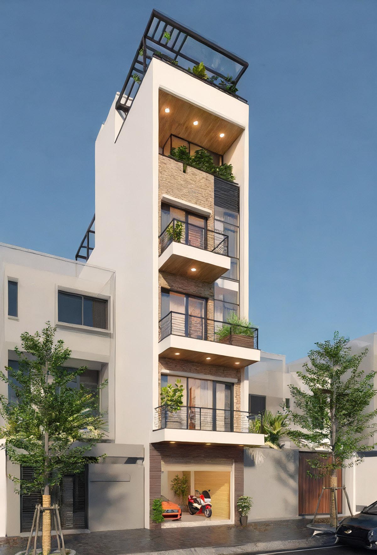 Nhà 5 tầng có tầng trệt được dùng để làm gara ô tô mang vẻ đẹp đơn giản, hiện đại