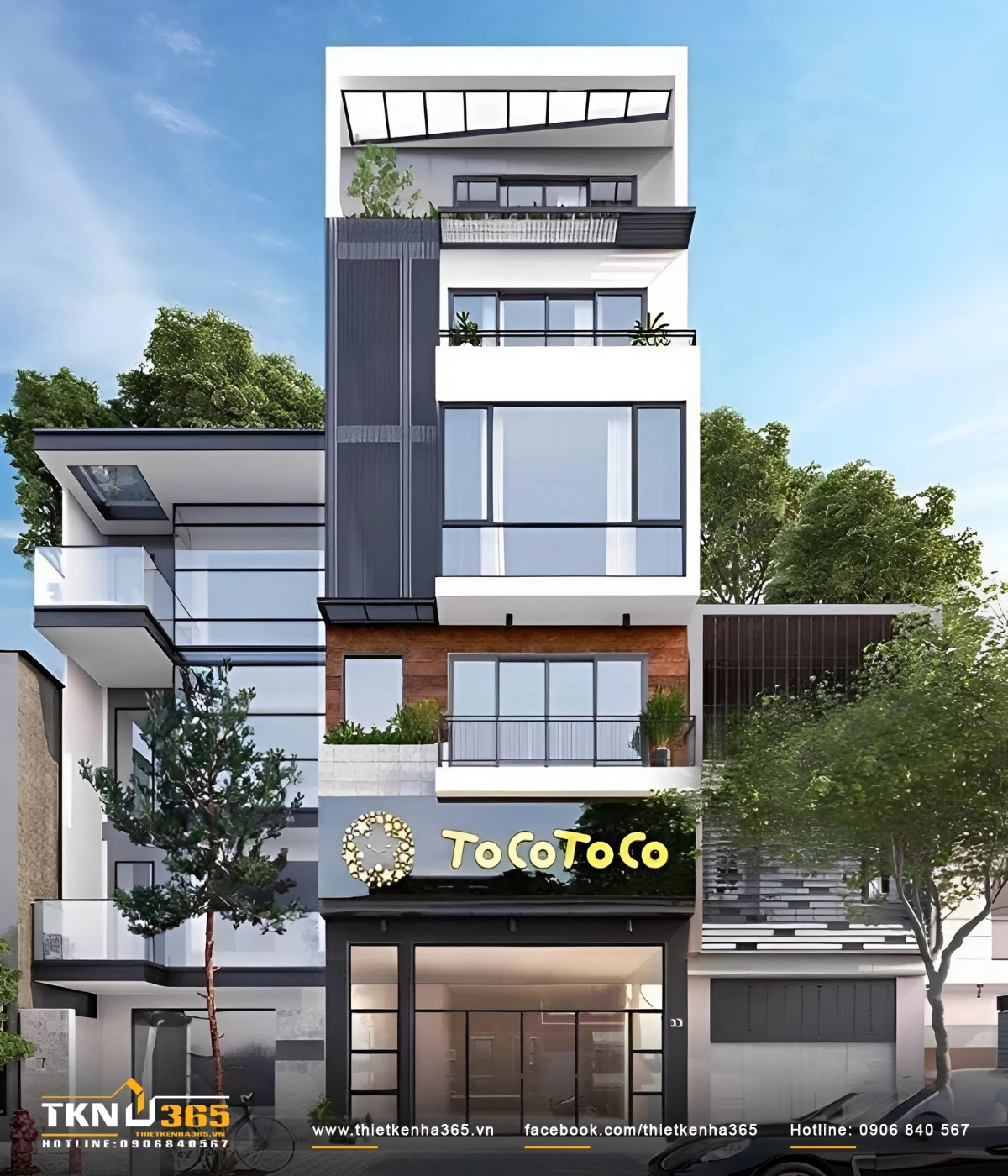 Mẫu nhà ở kết hợp kinh doanh cửa hàng trà sữa kết cấu 4 tầng