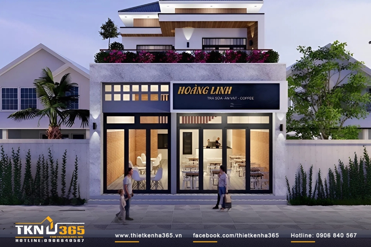Mẫu nhà mặt phố kinh doanh 2 tầng kết hợp cửa hàng ăn uống đẹp hiện đại