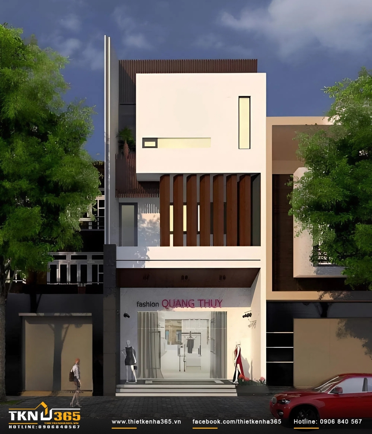 Mẫu thiết kế nhà ống mặt phố kinh doanh cửa hàng quần áo kết cấu 3 tầng