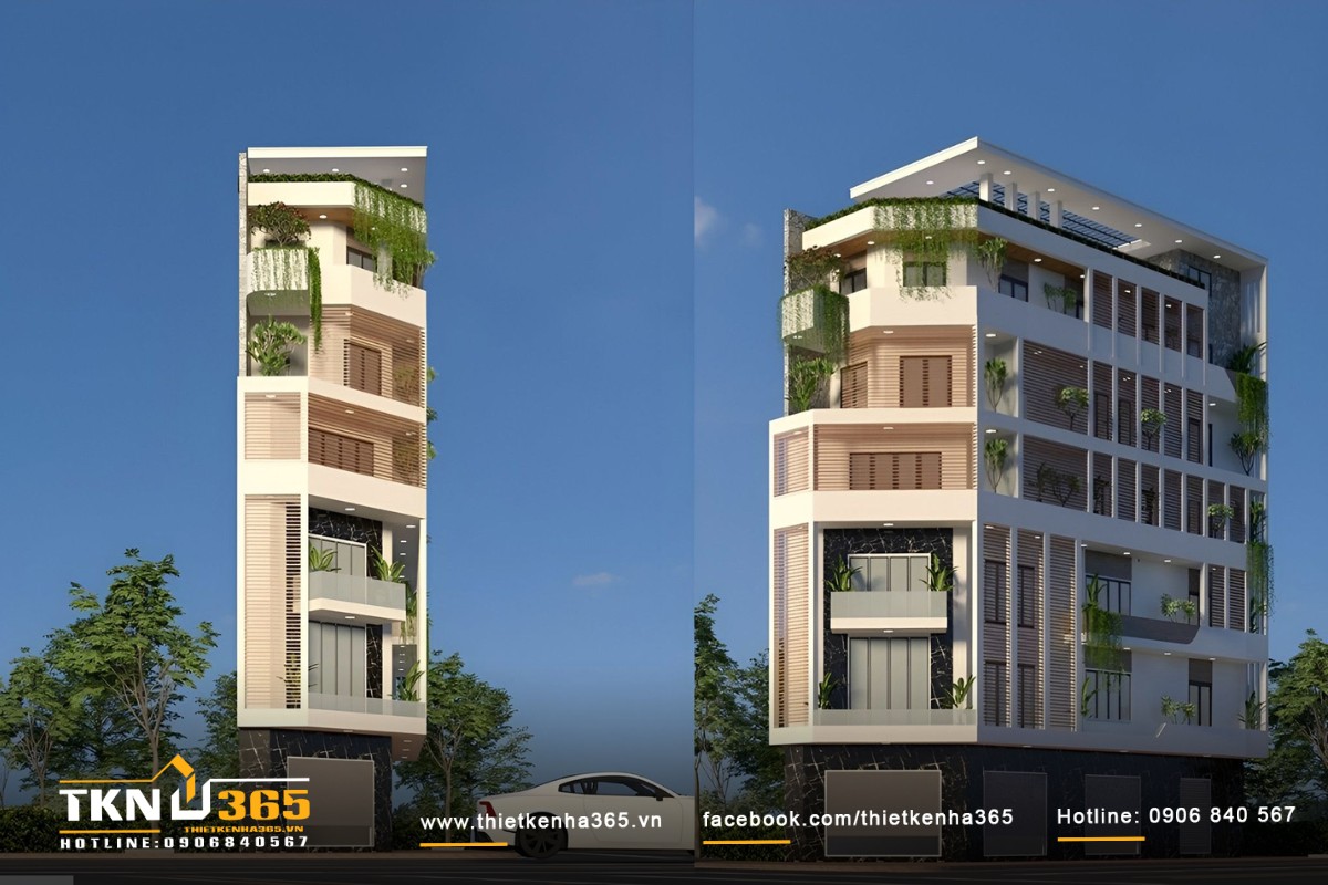 Thiết kế nhà phố 6 tầng tinh tế, mặt tiền rộng rãi mang đến vẻ ngoài sang trọng và nổi bật