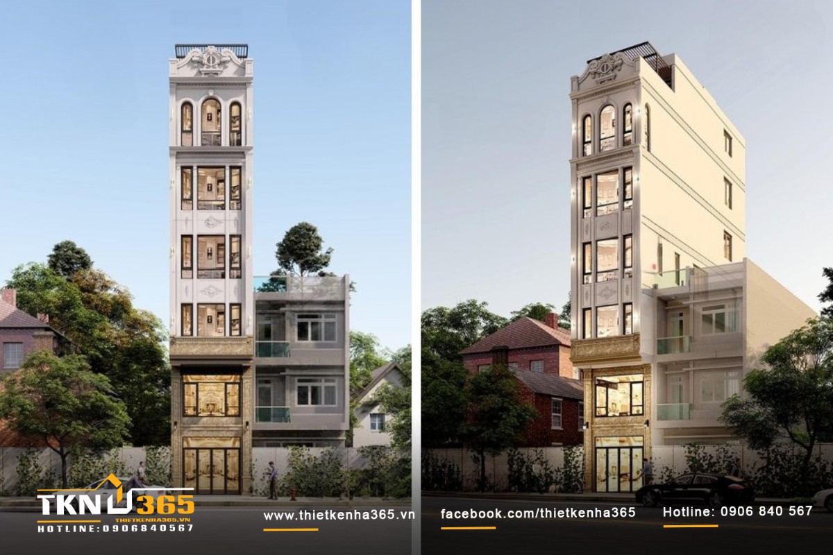 Nhà phố 6 tầng với ban công xanh mát, mang lại không gian sống gần gũi với thiên nhiên