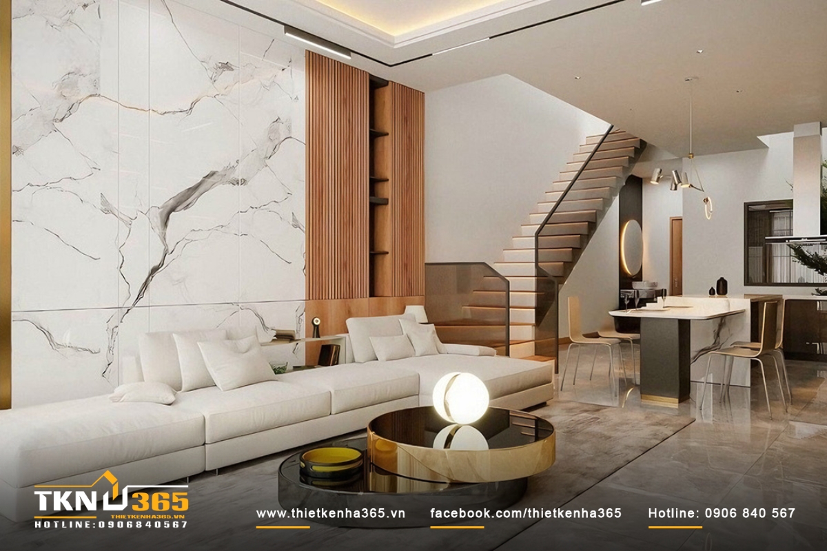 Trong phòng khách nhà ống 3 tầng 1 tum, không gian được tối ưu hóa để tạo ra một môi trường thông thoáng và thoải mái