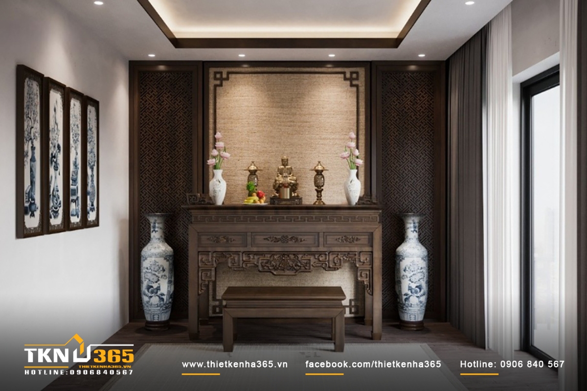 Bàn thờ thường được làm từ gỗ hoặc vật liệu tự nhiên khác, với kiểu dáng và màu sắc phù hợp với tôn giáo và phong cách nội thất của gia đình