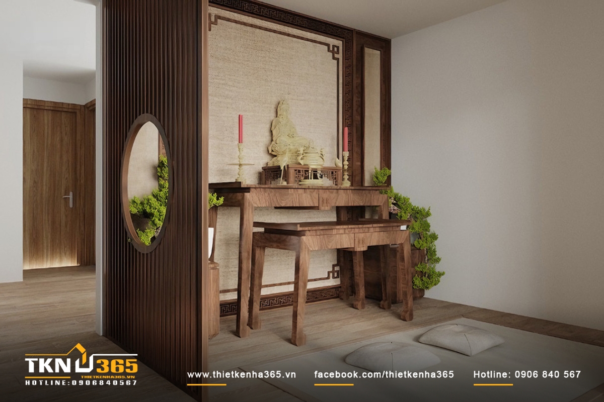 Phòng thờ có diện tích vừa phải, không quá lớn nhưng đủ để chứa một số đồ trang trí và tiện nghi cần thiết