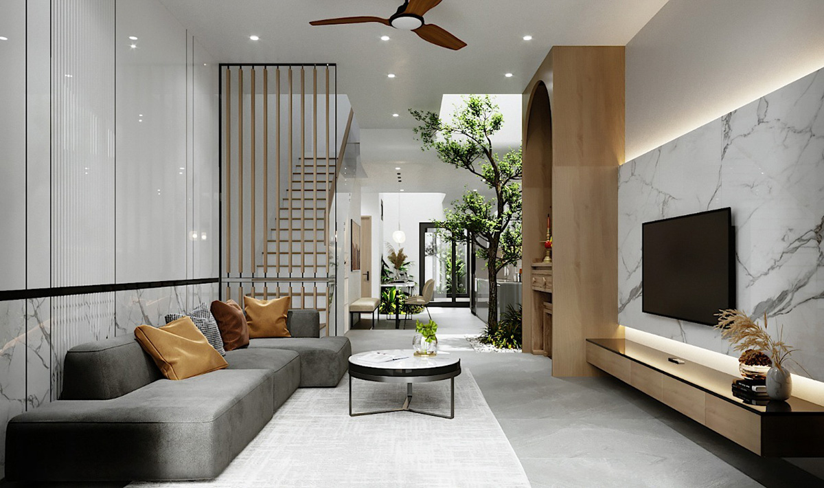 Với đặc trưng không gian hẹp và sâu, việc thiết kế nội thất phòng khách cần chú trọng sự cân đối, tiện nghi và tính thẩm mỹ hiện đại.