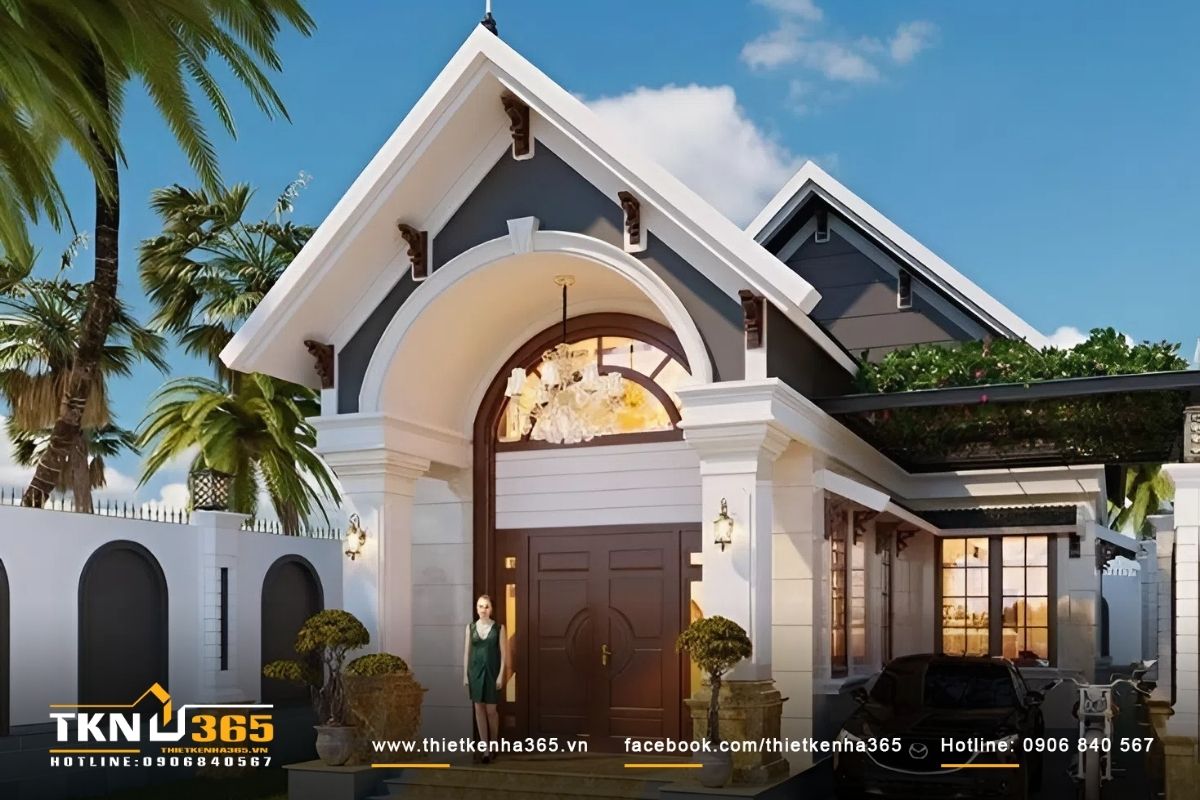 Mẫu nh&agrave; cấp 4 giả m&aacute;i th&aacute;i đẹp mắt, với sự kết hợp giữa gạch th&ocirc;ng thường với đ&aacute; hoa cương