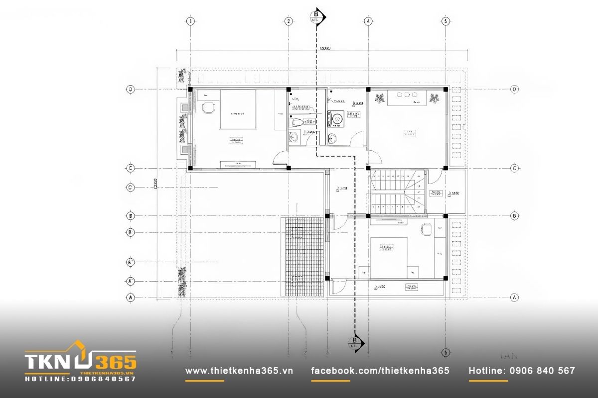 Bản vẽ mặt bằng công năng tầng 2 của nhà mái bằng 2 tầng hiện đại
