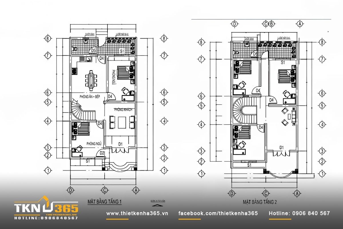Mặt bằng công năng tầng 1, tầng 2 cho ngôi nhà 2 tầng mái bằng
