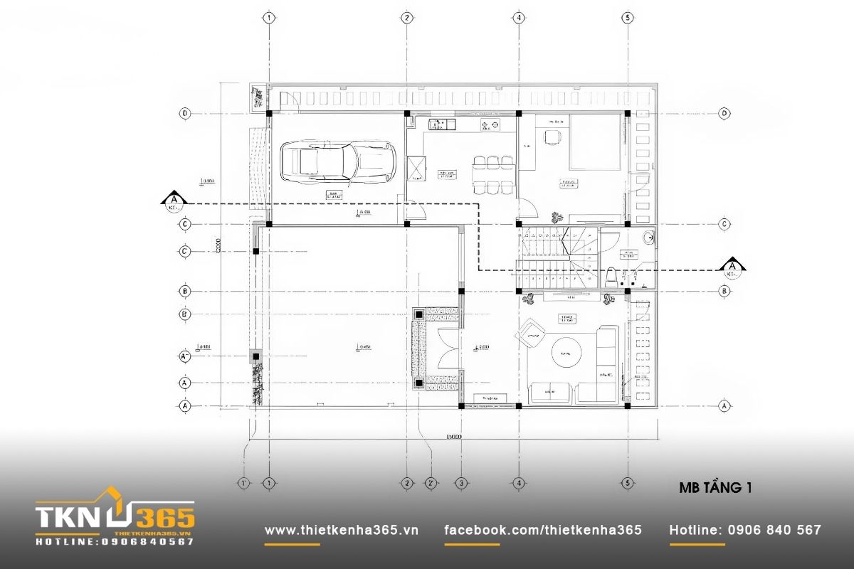 Bản vẽ mặt bằng công năng tầng 1 của nhà mái bằng 2 tầng hiện đại