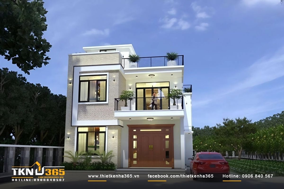 Mẫu nhà 2 tầng mái bằng hiện đại với không gian xanh mát xung quanh