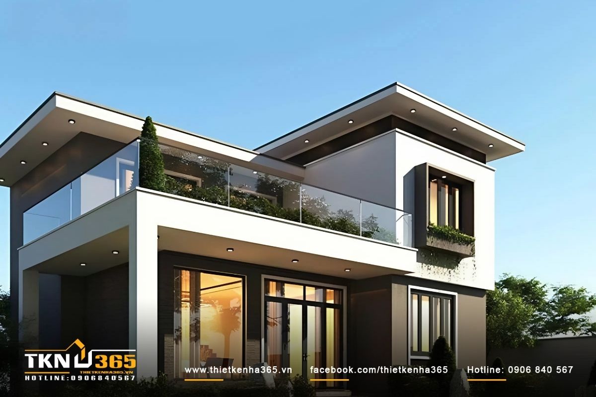 Nhà 2 tầng mái bằng đẹp sang trọng với ánh sáng vàng ấm cúng