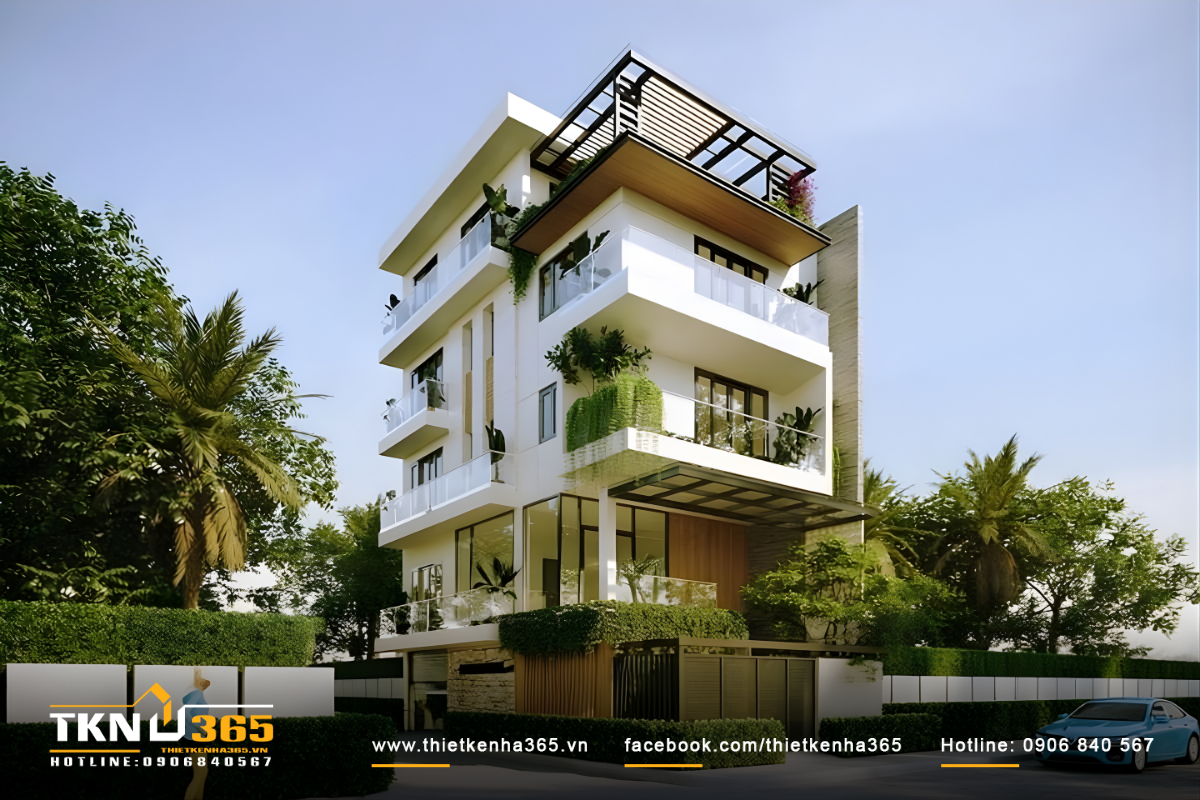 Thiết kế biệt thự 4 tầng c&oacute; vườn v&agrave; nhiều khoảng xanh