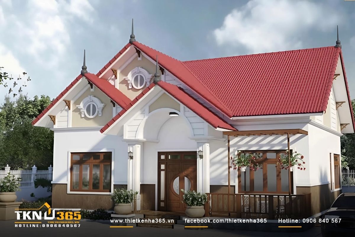 Kiểu nh&agrave; m&aacute;i th&aacute;i cấp 4 đẹp ph&ugrave; hợp với khu vực n&ocirc;ng th&ocirc;n, c&oacute; nhiều đất để trồng được th&ecirc;m c&acirc;y xanh