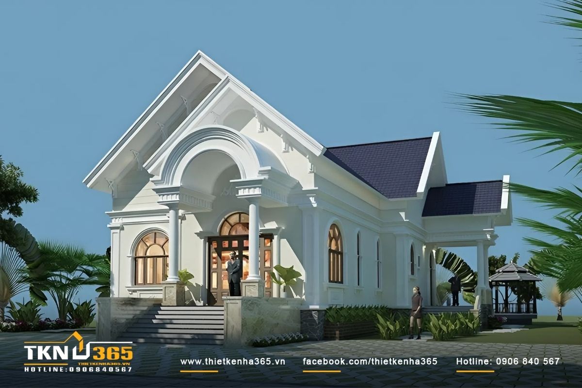 Thiết kế nh&agrave; đẹp cấp 4 m&aacute;i th&aacute;i với kh&ocirc;ng gian nhiều c&acirc;y xanh, mang đến sự tho&aacute;ng m&aacute;t, rộng r&atilde;i