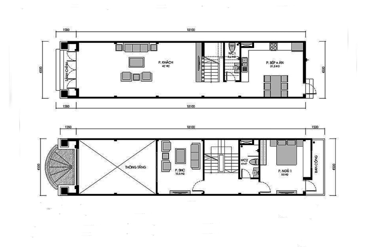 Bản vẽ nhà 2 tầng có gác lửng đẹp, chi tiết