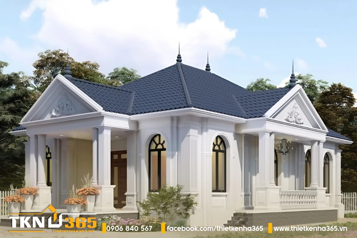 Mẫu thiết kế biệt thự 1 tầng tân cổ điển 3 phòng ngủ ngói xanh, đẹp