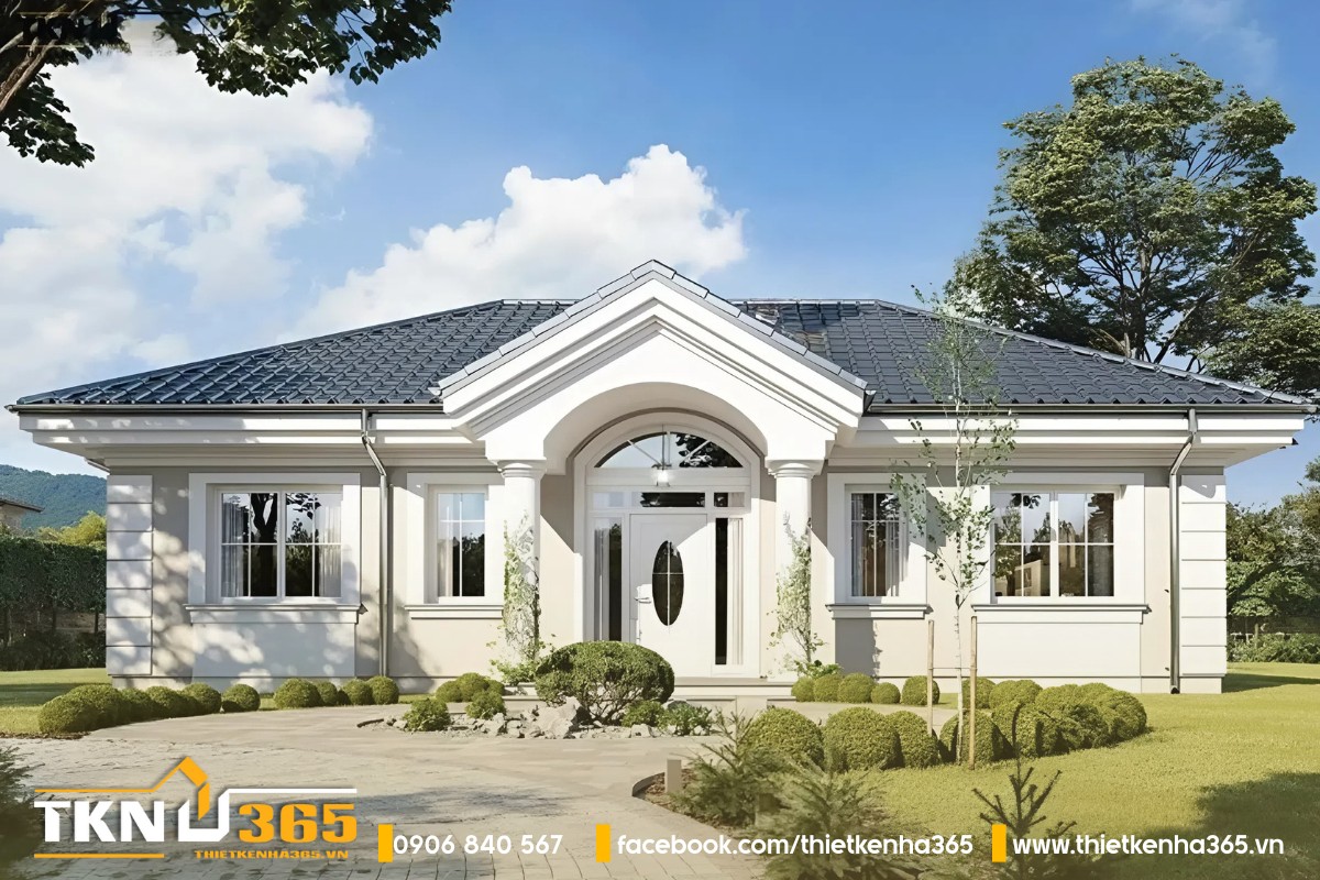 Biệt thự 1 tầng tân cổ điển 4 phòng ngủ với gam màu trắng sang trọng