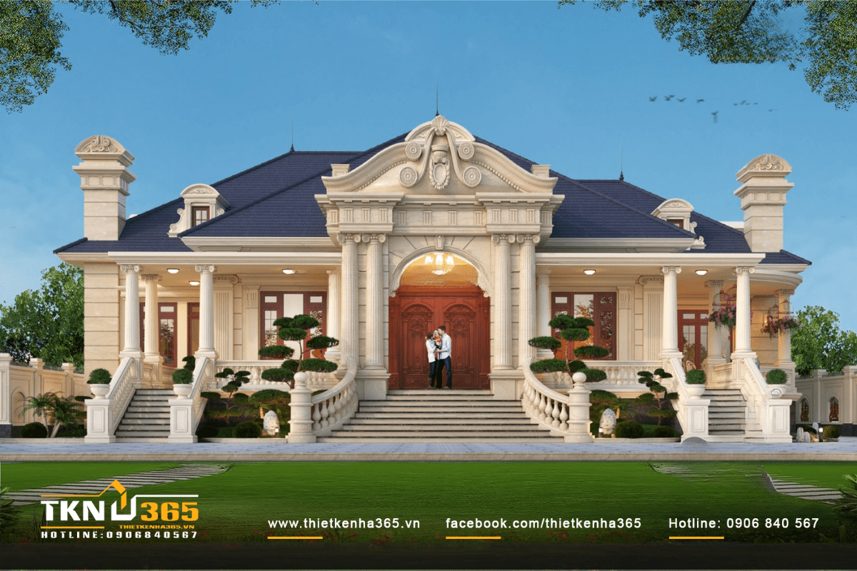 Biệt thự tân cổ điển 1 tầng có sân vườn rộng rãi tạo không gian thư giãn thoải mái, dễ chịu