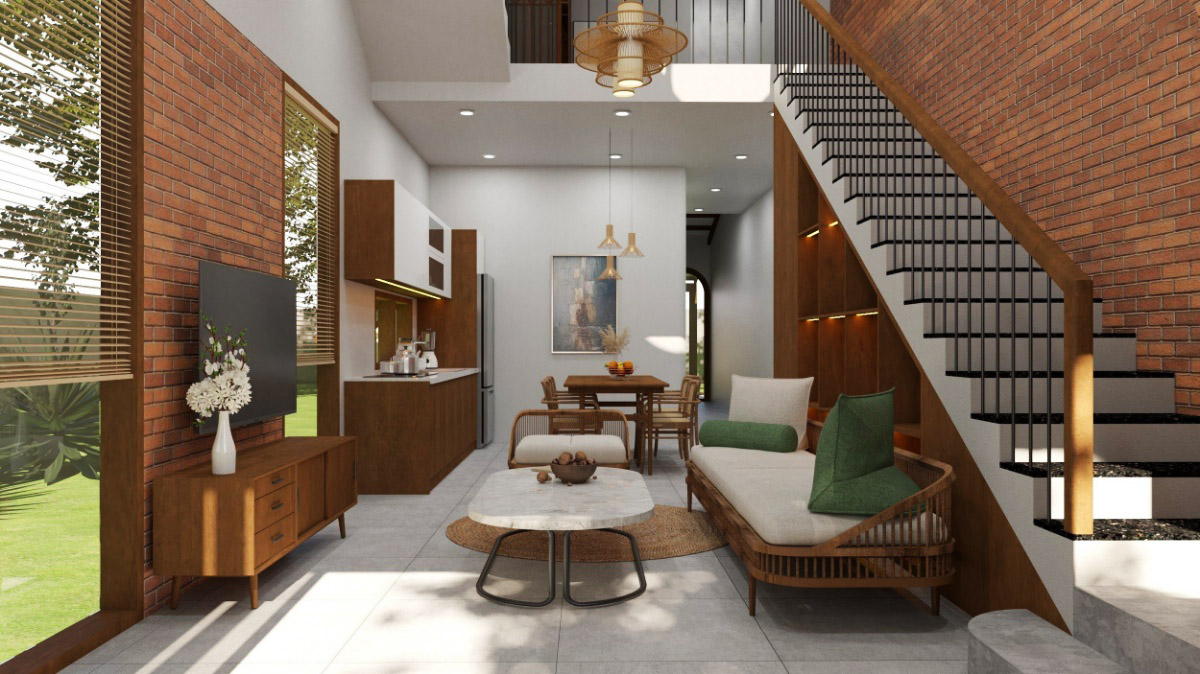 Gác lửng nhà phố 2 tầng gồm có gác lửng phía sau, phía trước và bên hông