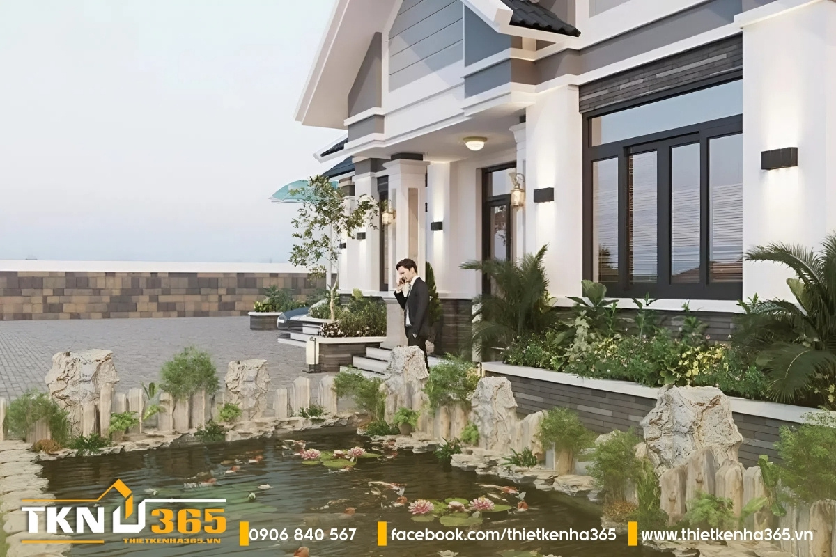 Biệt thự 1 tầng mái thái có hồ cái Koi độc đáo