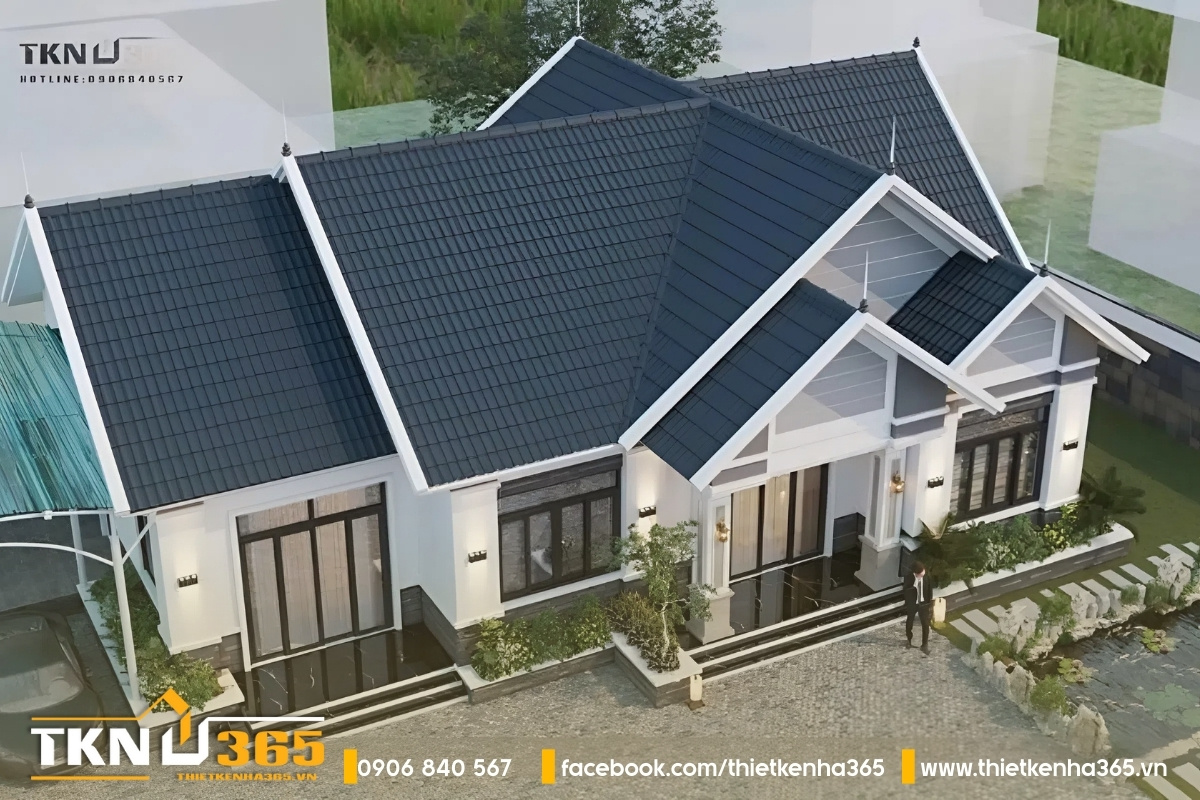 Biệt thự mái thái 1 tầng có ngói màu xanh khả năng cách nhiệt tốt