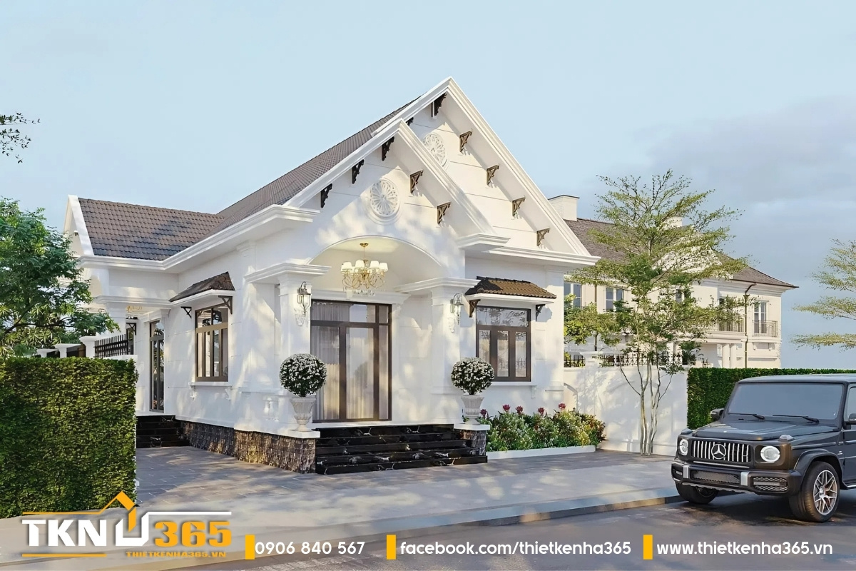 Thiết kế biệt thự 1 tầng mái thái đẹp phong cách tân cổ điển