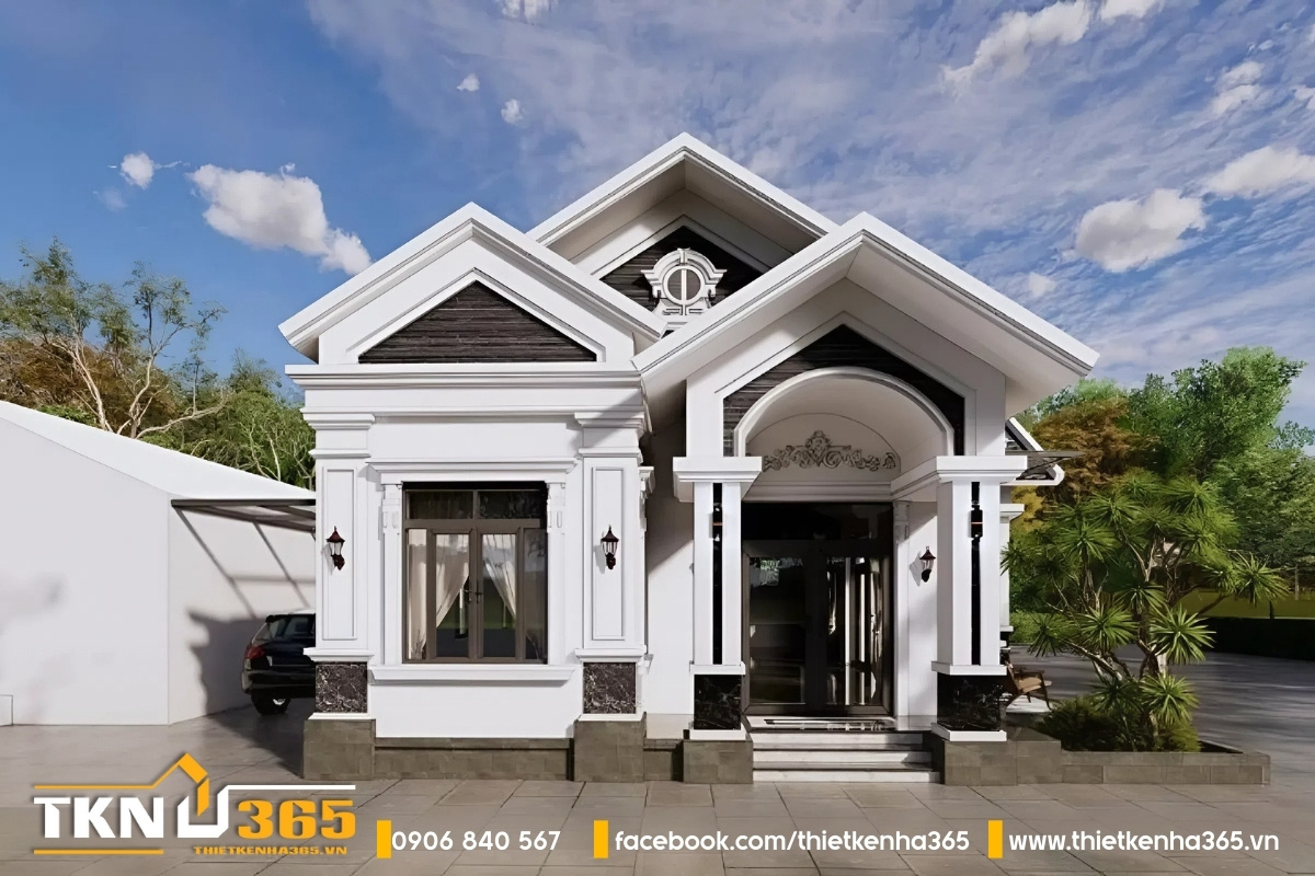 Mẫu biệt thự mái thái 1 tầng có sân rộng để ô tô