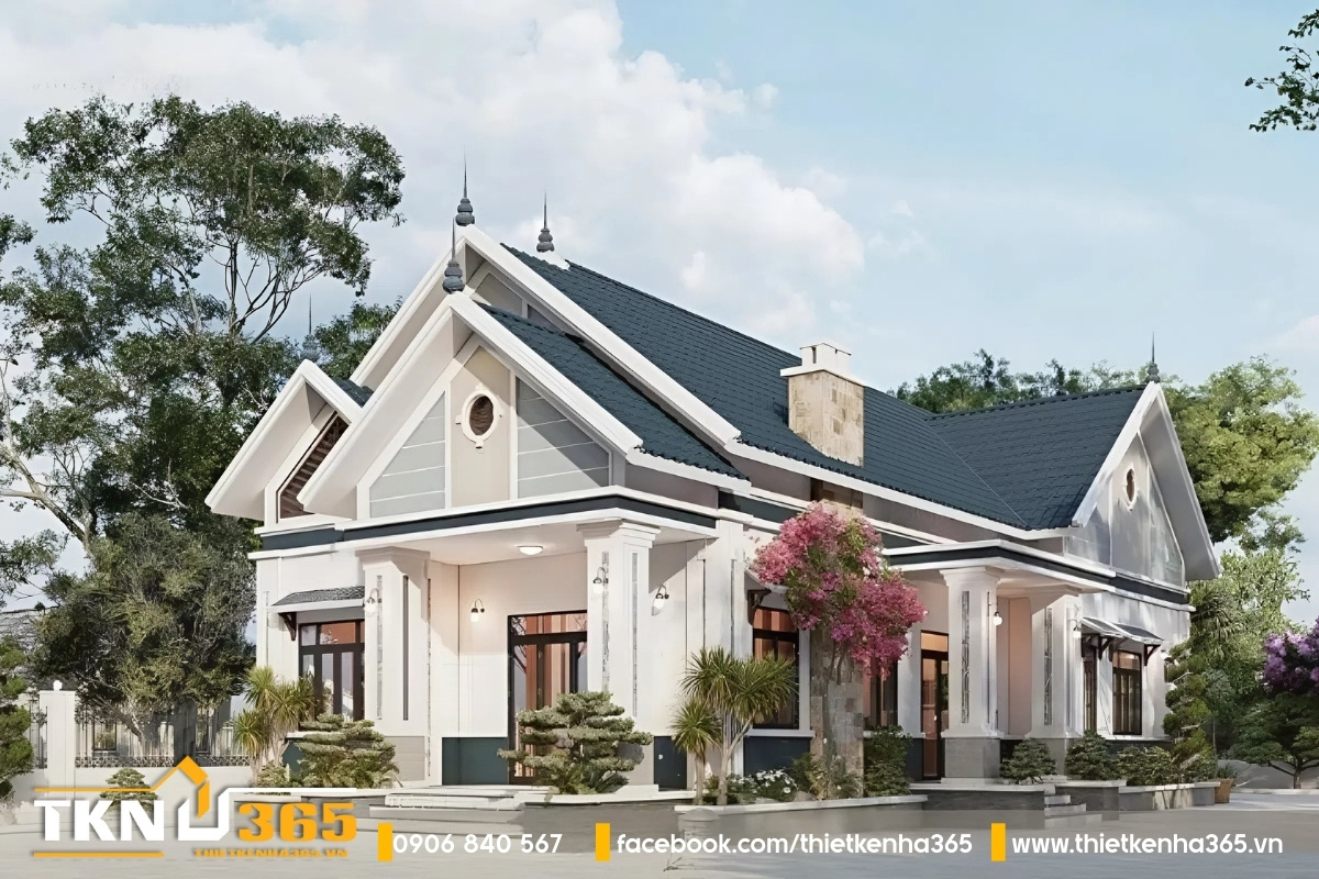 Biệt thự mái thái 1 tầng đẹp với gam màu xanh trắng nổi bật