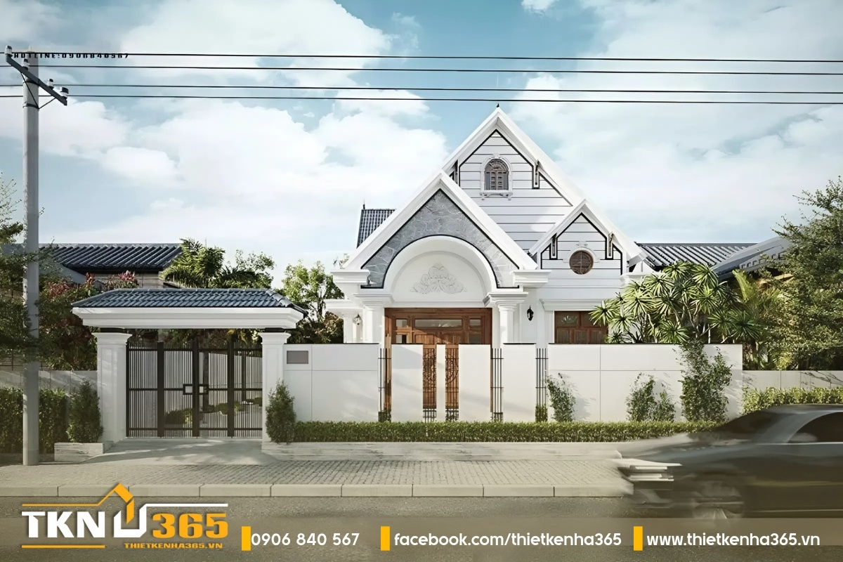 Thiết kế nhà mái thái 1 tầng đẹp với kiểu mái xếp lớp 3 tầng khác nhau