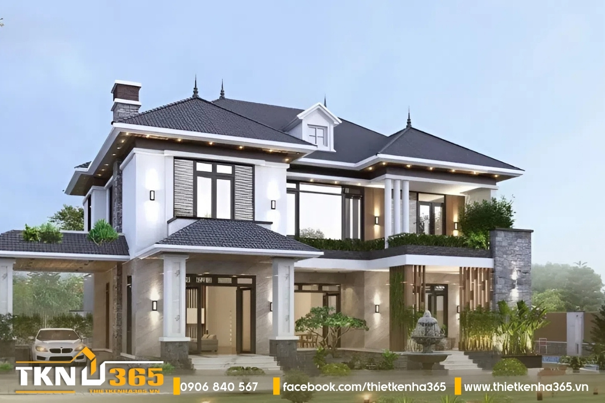 Biệt thự phố 2 tầng mái Nhật có sân vườn, gara rộng rãi