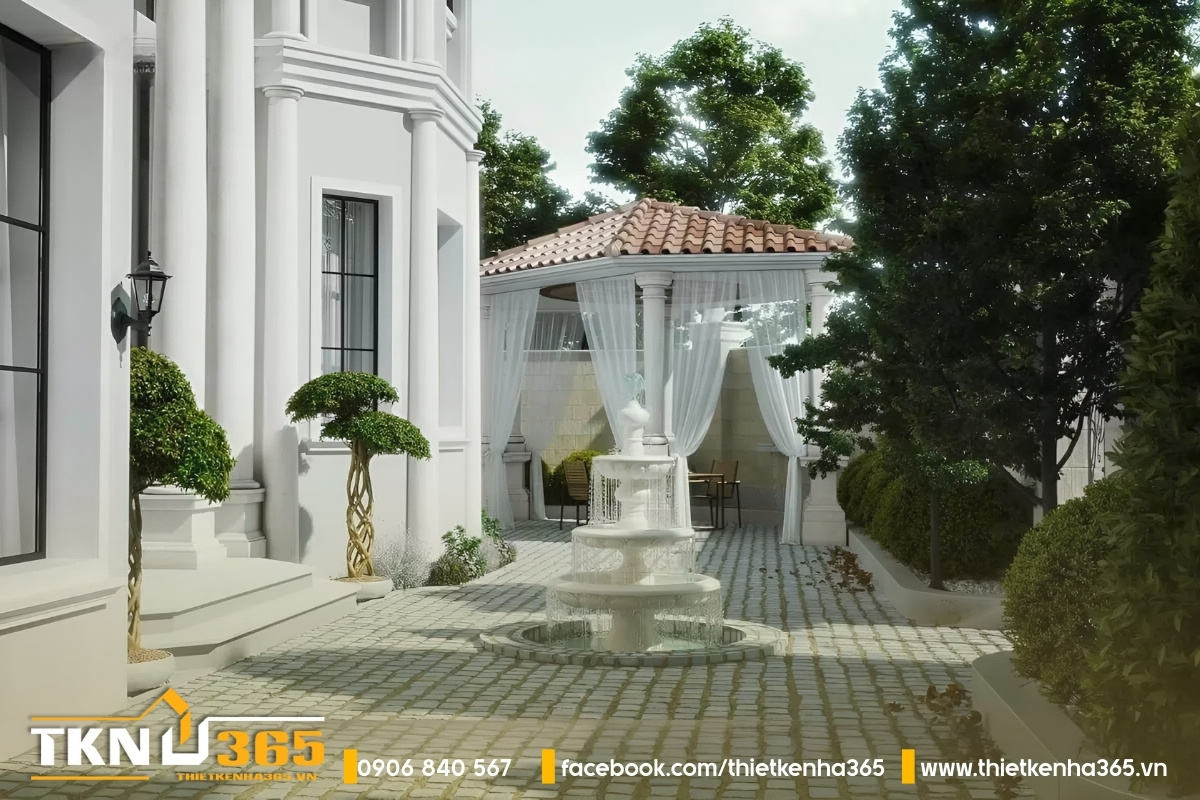 Biệt thự kiểu địa trung hải màu trắng rộng 500m2 thiết kế sáng tạo với đài phun nước vừa nghệ thuật vừa sang trọng
