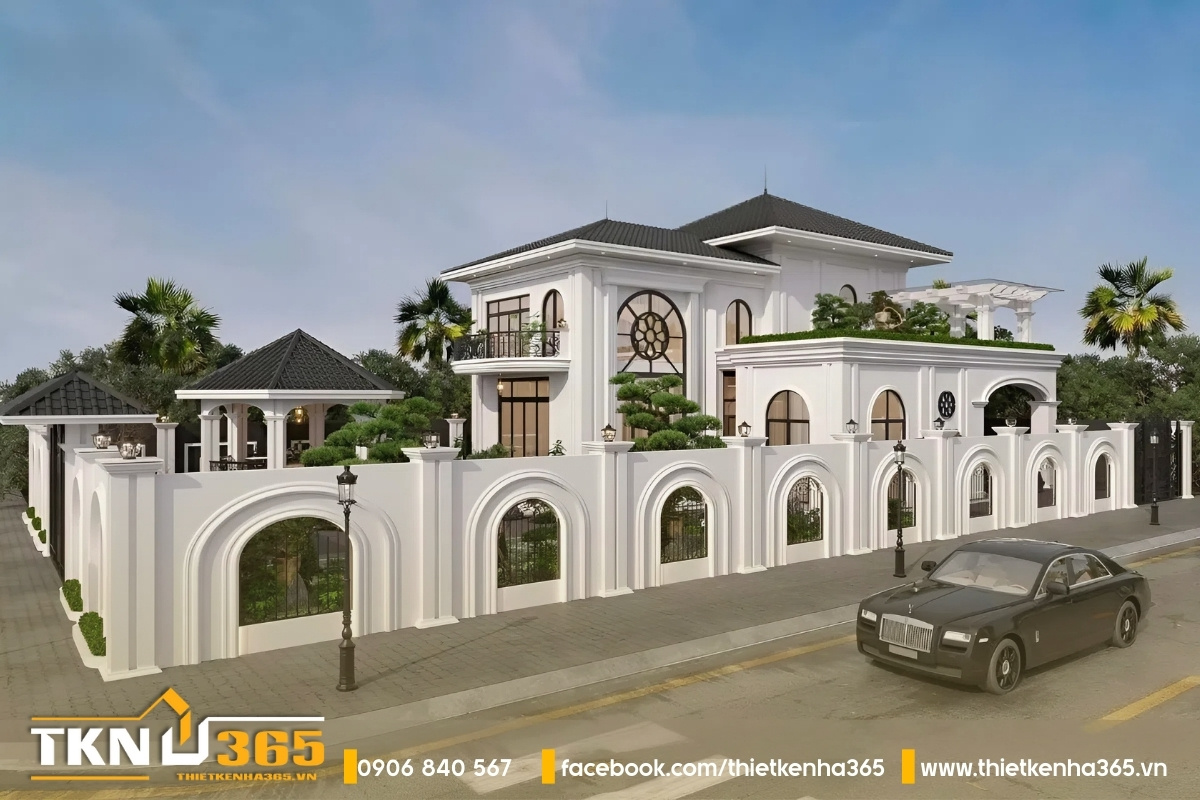 Biệt thự kiểu địa trung hải 2 tầng mặt tiền, vách tường bao quanh toàn bộ căn nhà bằng các hàng rào tạo hình vòm cung