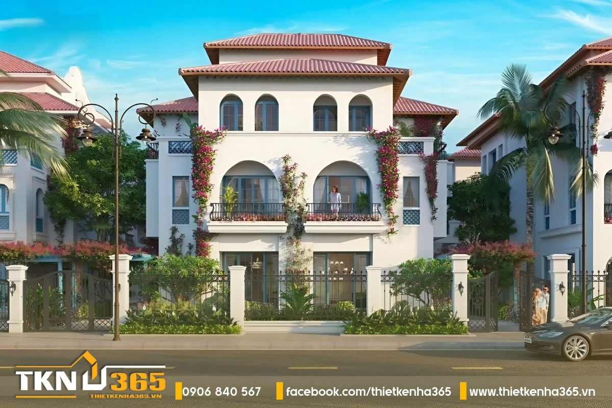 Biệt thự Địa Trung Hải 3 tầng mặt tiền 15m ban công vòm cung, các giàn hoa leo, cây xanh làm điểm nhấn