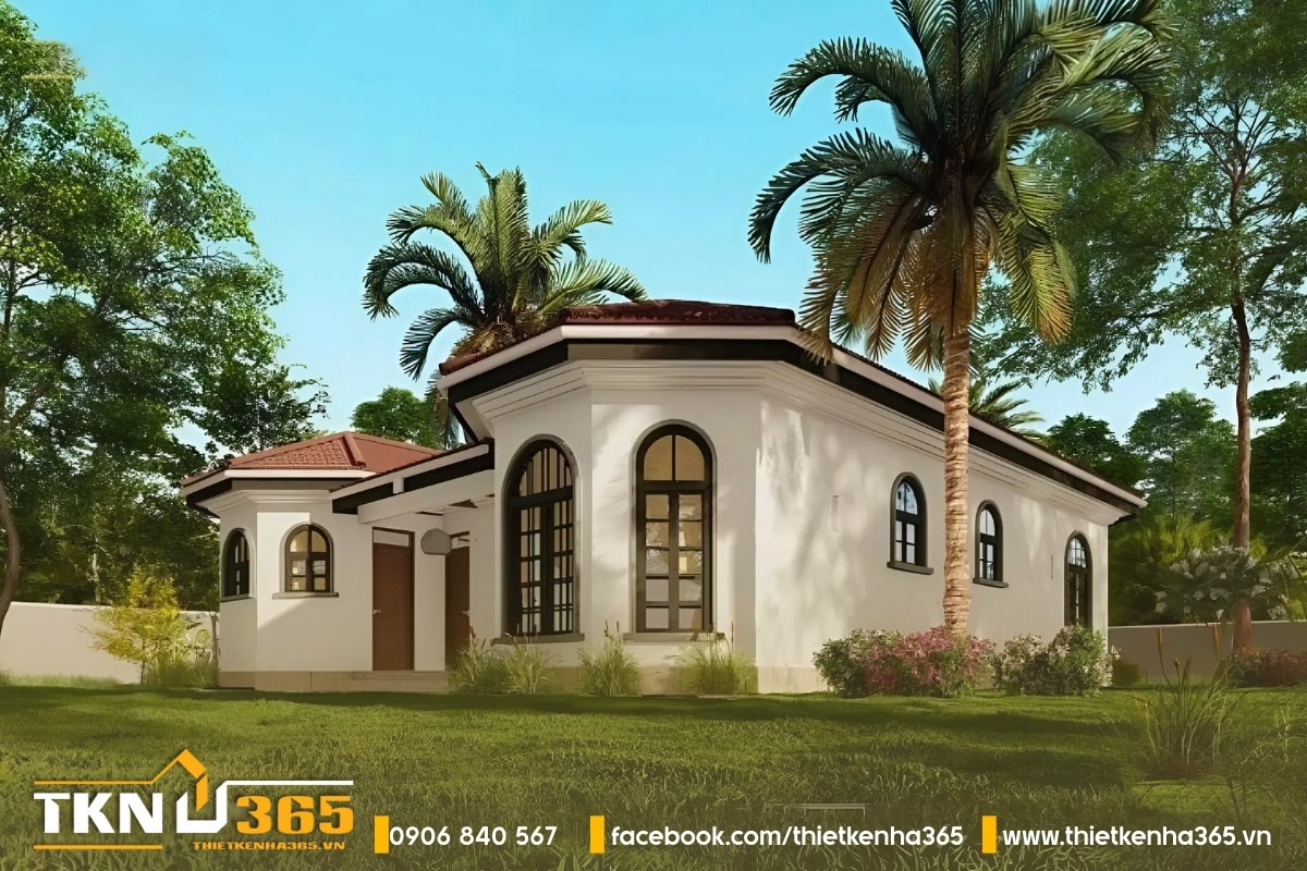 Mẫu biệt thự Địa Trung Hải nghỉ dưỡng 1 tầng tông màu be, cửa gỗ, mái ngói nâu nhẹ nhàng