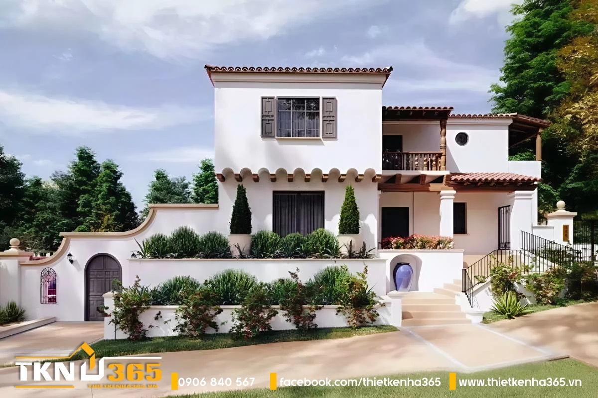 Mẫu biệt thự kiểu Địa Trung Hải với cây xanh vây quanh