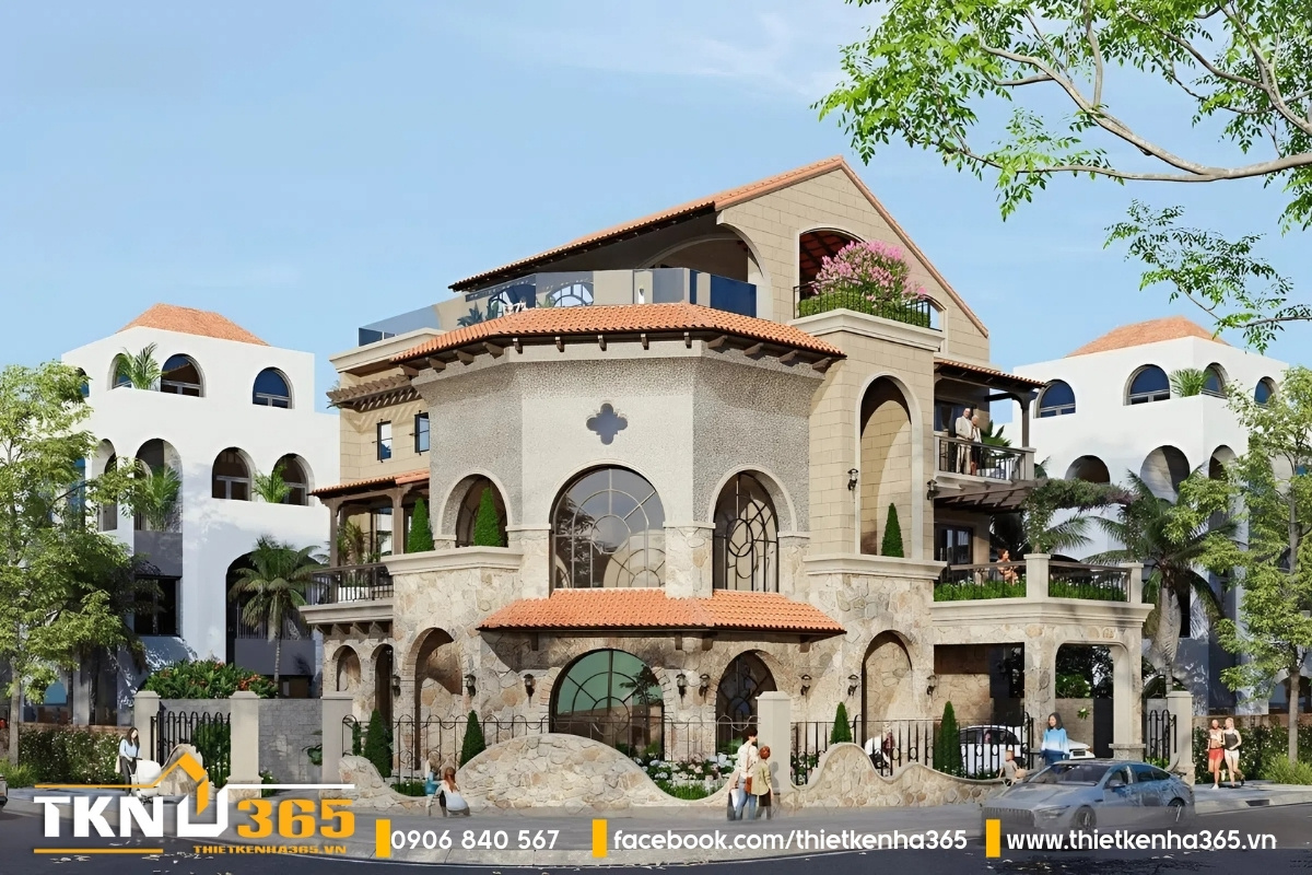 Biệt thự kiểu Địa Trung Hải 3 tầng với những họa tiết vân đá sang trọng và cổ điển