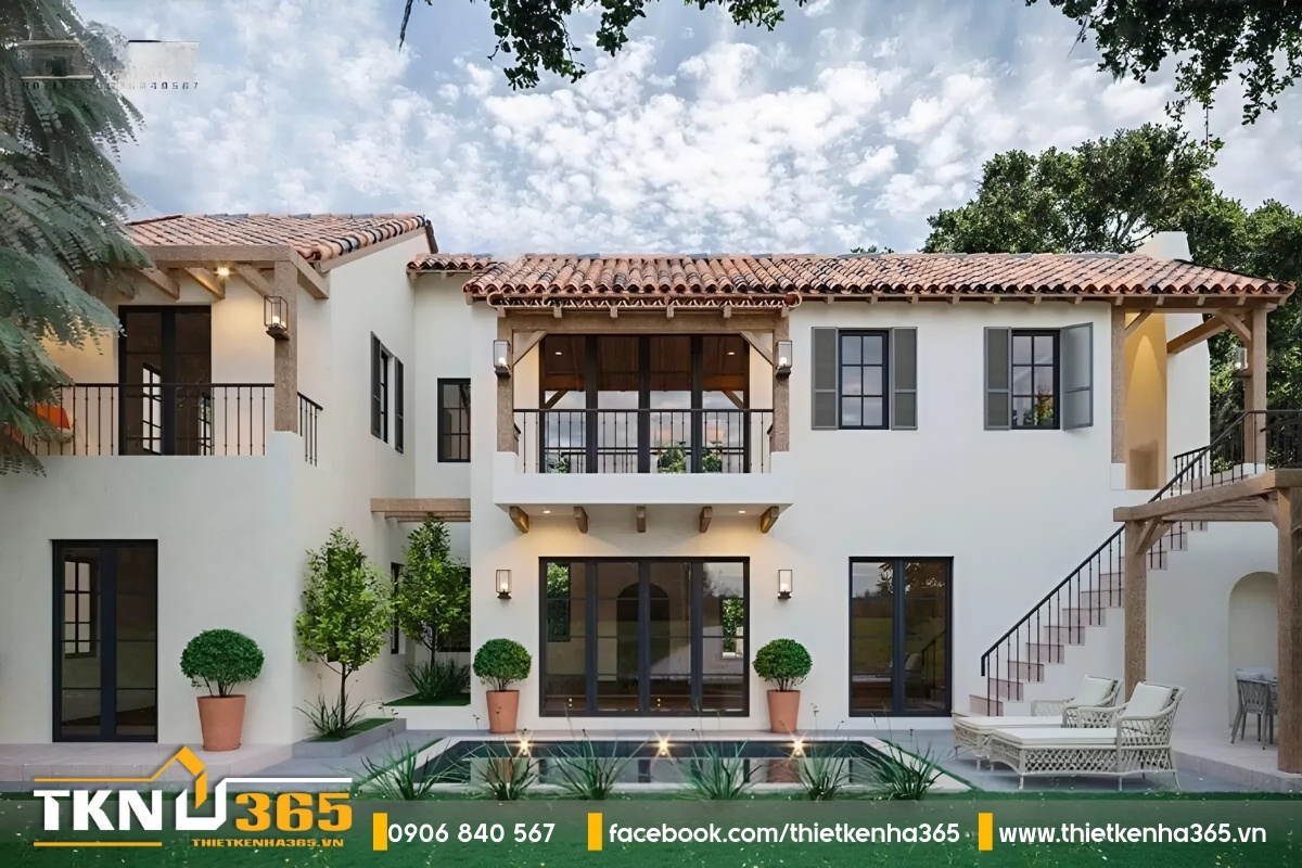 Biệt thự Địa Trung Hải không gian mở với hồ bơi để gia đình thư giãn, giải trí.