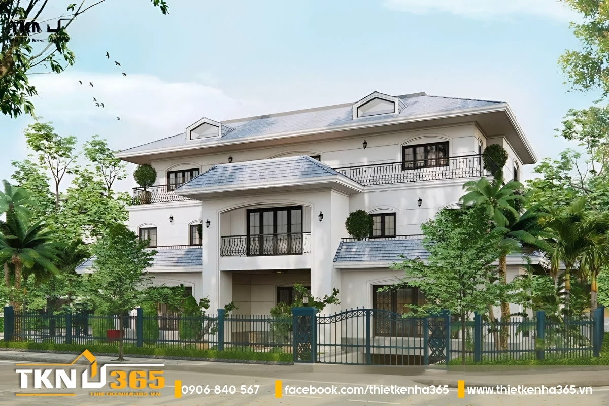 Mẫu biệt thự Địa Trung Hải diện tích 400m2 sử dụng mái ngói xanh giúp làm nổi bật vẻ đẹp tinh tế