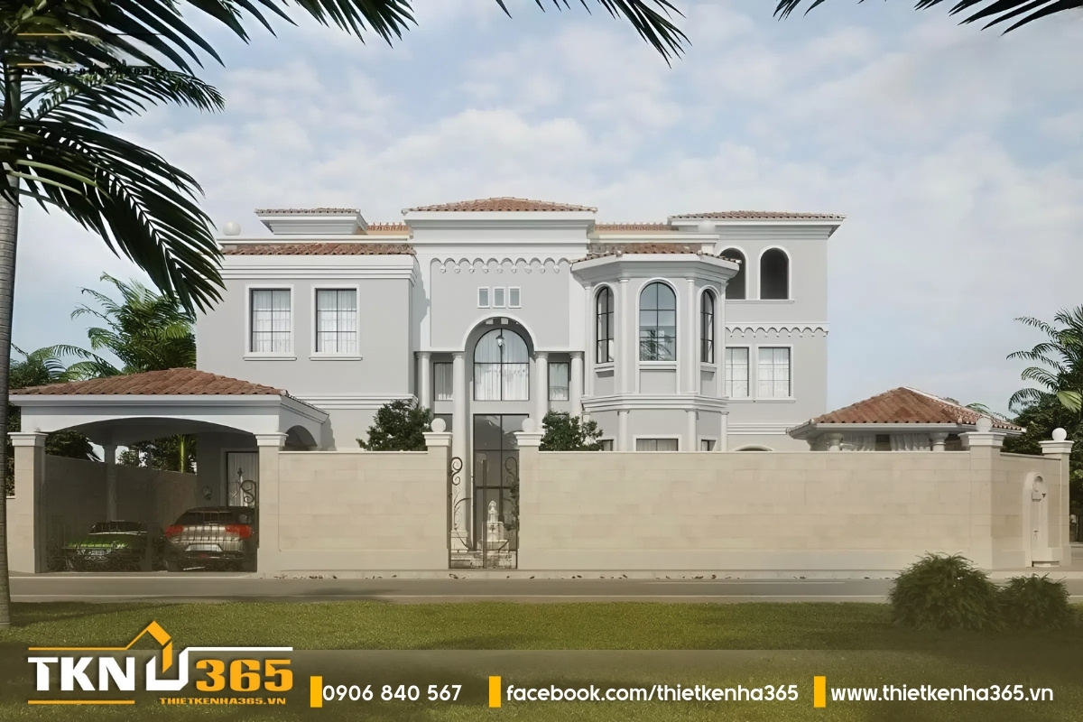 Biệt thự kiểu địa trung hải màu trắng rộng 500m2 không gian đóng với tường hành cao, vững chãi