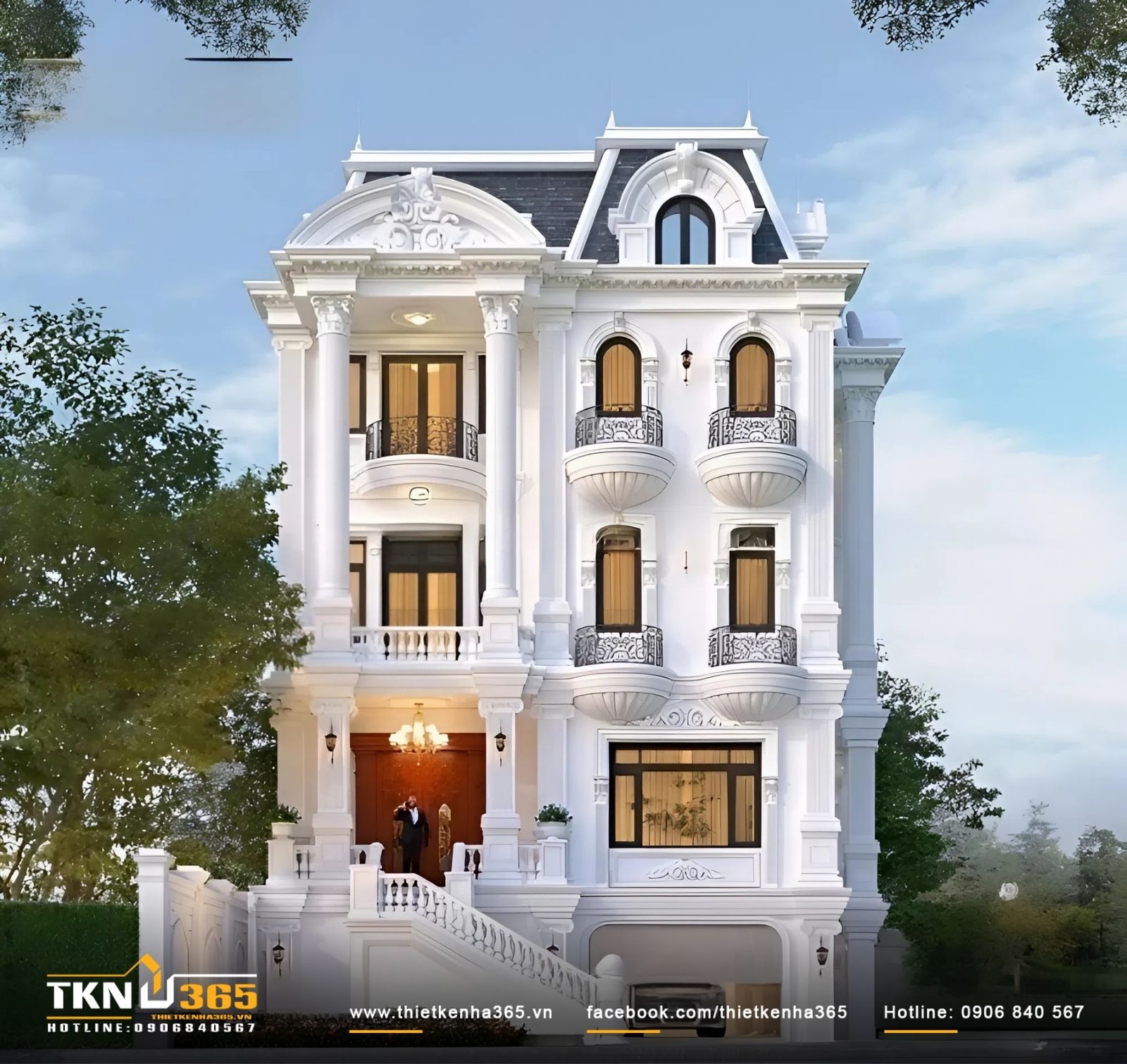 Kiến trúc cổ điển được thể hiện qua từng hoa văn chạm khắc tinh xảo Mẫu biệt thự cổ điển 4 tầng