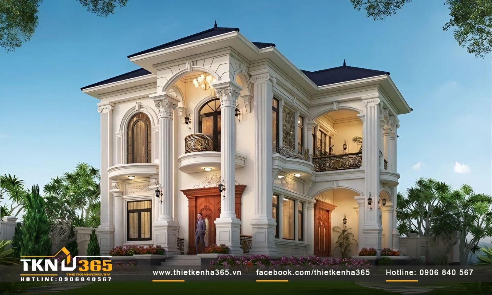 Mẫu biệt thự cổ điển sử dụng cửa gỗ tự nhiên sang trọng