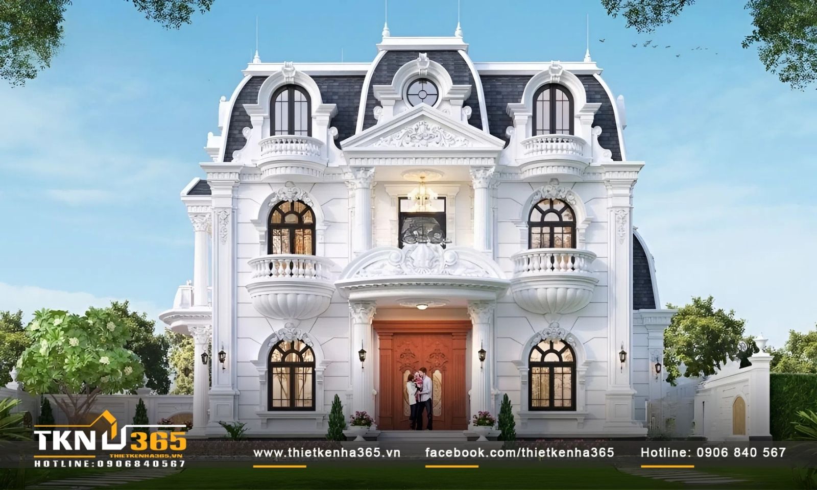 Biệt thự mang phong cách cổ điển với các chi tiết trang trí tinh tế, hoa văn và họa tiết cổ điển trang trí nổi bật trên bề mặt kiến trúc