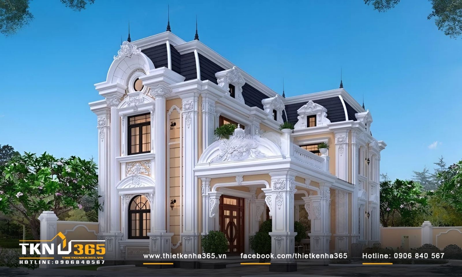 Mặt tiền của biệt thự được trang trí với các cột cổ điển, thường được làm từ đá hoặc gỗ, tạo nên sự trang trọng và vững chắc