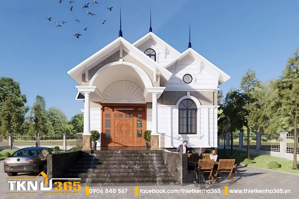 Mẫu thiết kế biệt thự mái thái 1 tầng đẹp với phần cửa thép gỗ sang trọng