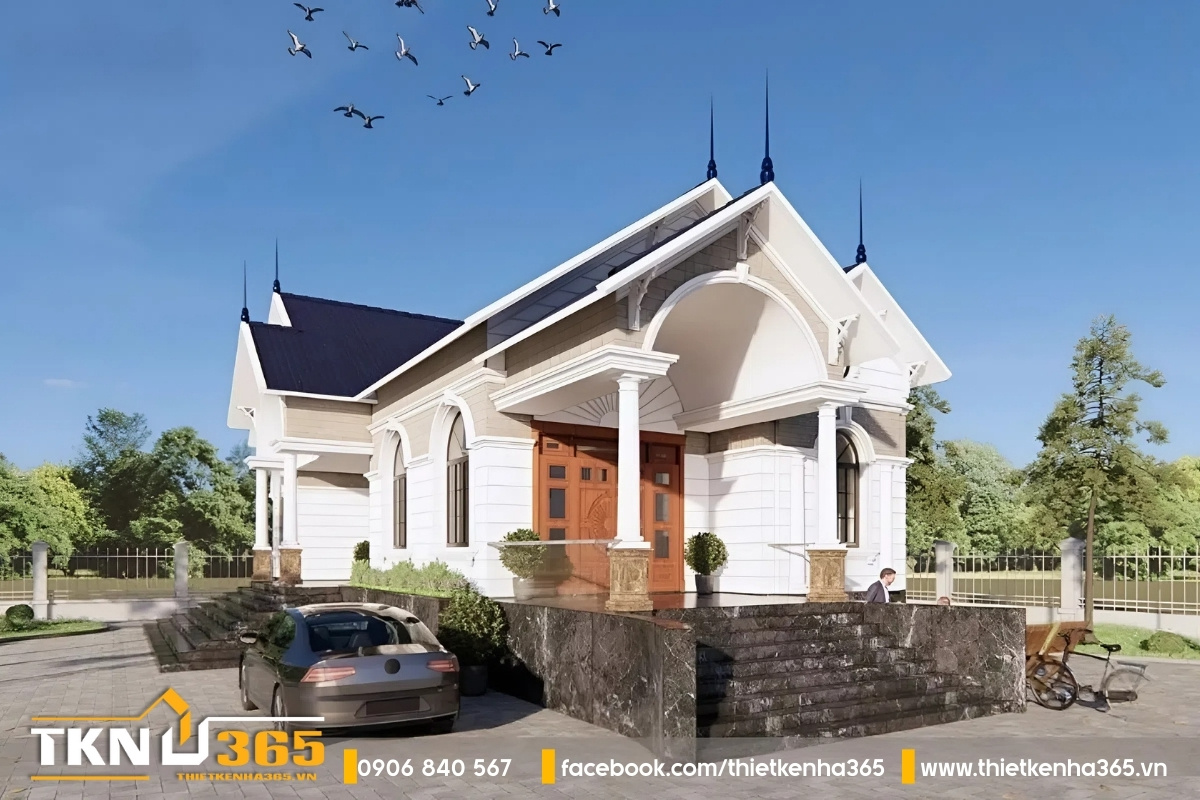 Tam cấp thiết kế biệt thự 1 tầng mái thái 9 bậc mang ý nghĩa về mặt phong thủy