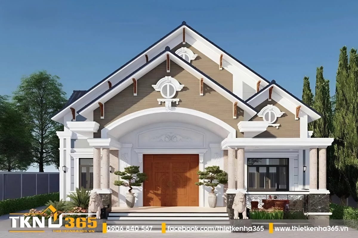 Mẫu biệt thự mái thái 1 tầng đẹp nhất với mặt tiền siêu nổi bật